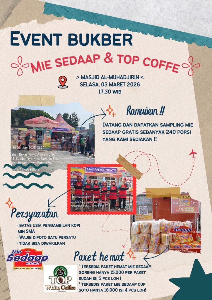 Kabar seru buat warga! Besok akan digelar Event Bukber Cluster Diamond BTR3 Bekasi bersama Mie Sedaap dan Top Coffee yang berlokasi di Masjid Almuhajirin.