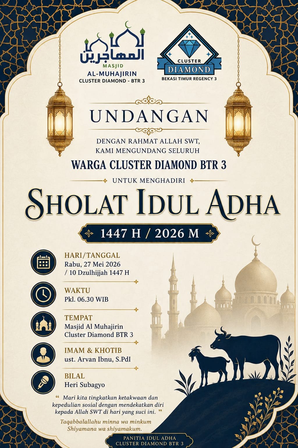 Undangan Sholat Idul Adha 1447 H / 2026 M di Masjid Al Muhajirin Cluster Diamond BTR 3
